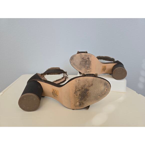Express Brown Block Heel Sandals Size 9 Faux Fur Trim Ankle Strap Heels Fall - Picture 3 of 8